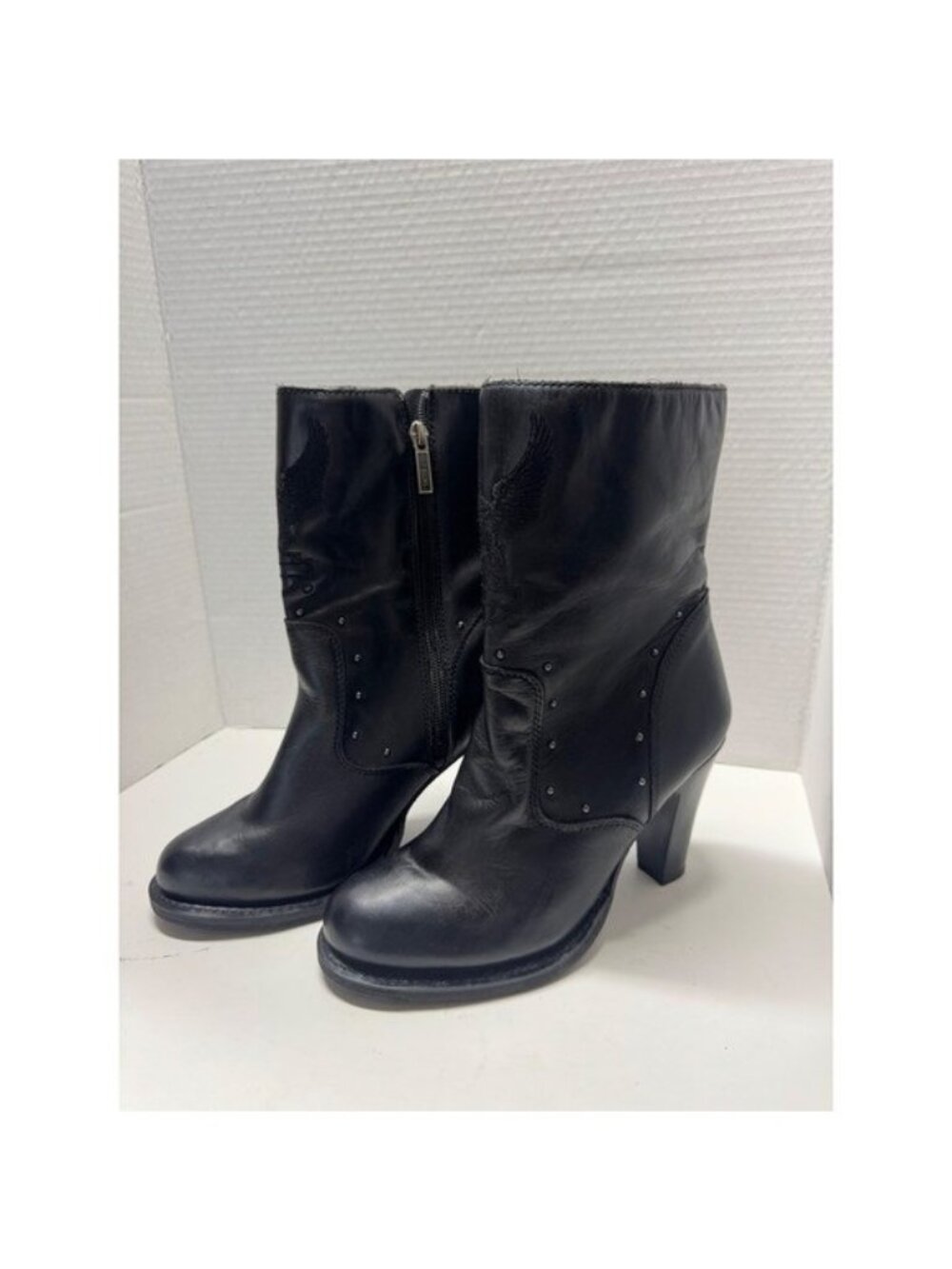 Harley-Davidson Womens Black Leather Heeled Moto Boots Eagle Logo D85377 8.5